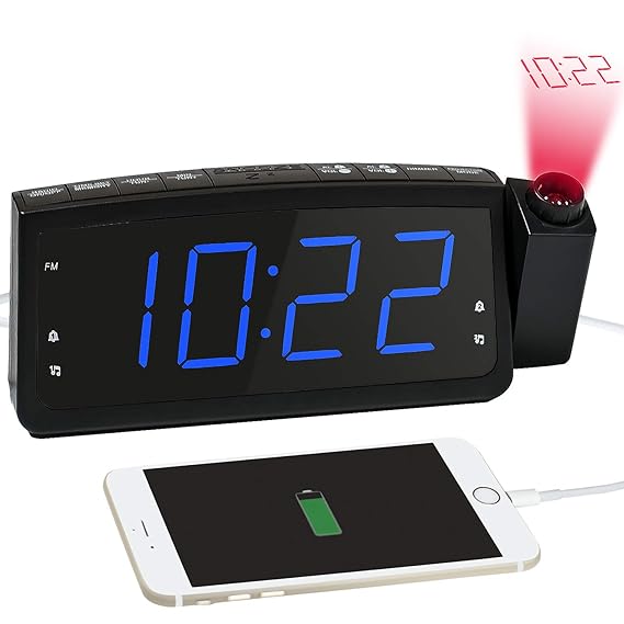 Radiowecker, Projektionswecker mit FM Radio, Dual-Alarms Digital Deckenuhr Nachtwecker mit USB-Ladeanschluss, Schlummern/Snoo