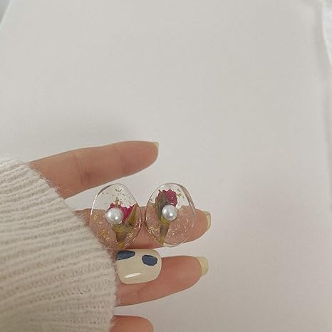 Amazon Co Jp 女の子 パーティー イミテーションパール 韓国語 樹脂 夏 スタッドピアス ファッションジュエリー アクリル ドライフラワー ピアス Red ジュエリー