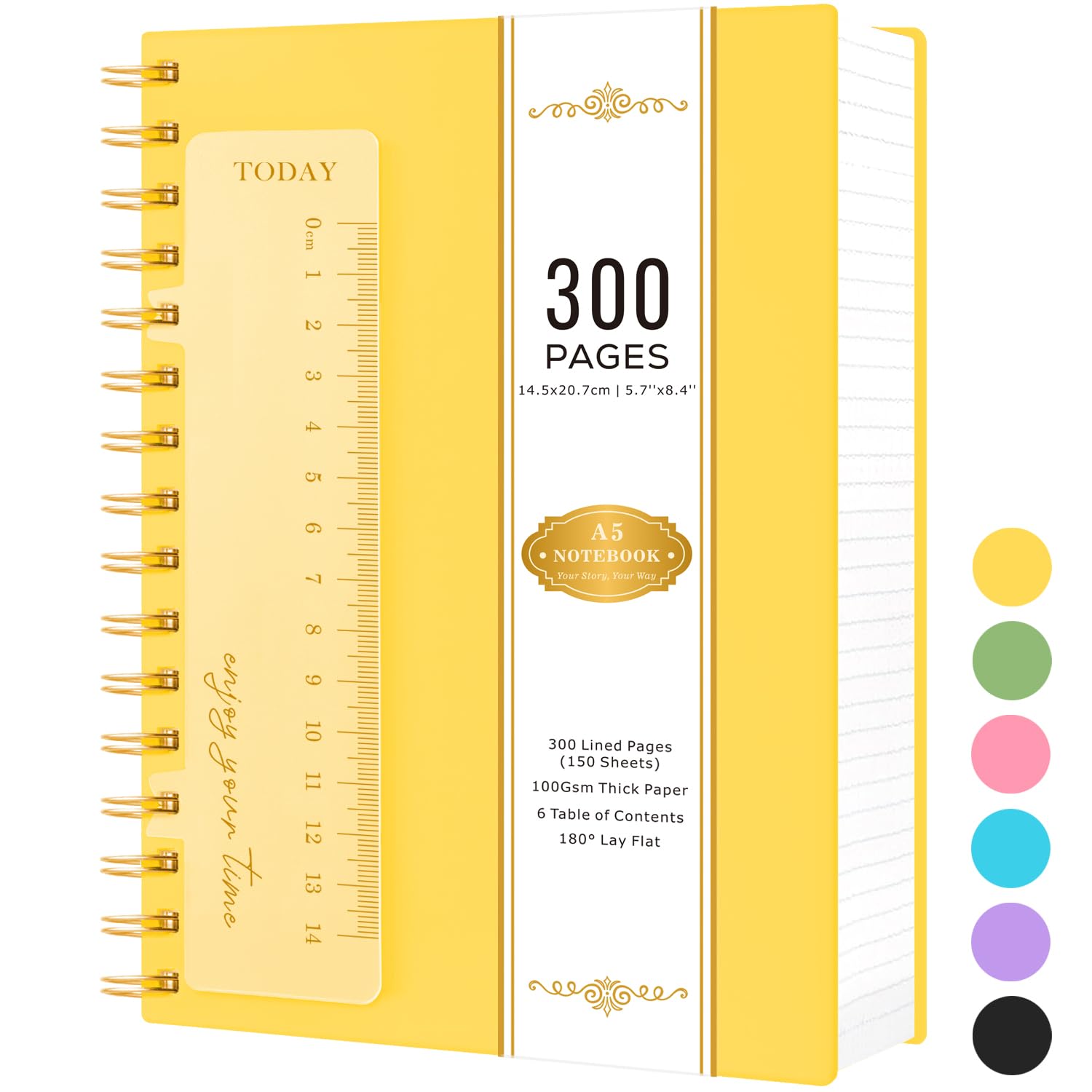 NIRMIRO A5 Notebook Notepad, 300 Pages Spiral Notebooks for Writing, Wirebound Thick Note Book with 100GSM Lined Paper, Hardback PVC Cover Note Pads, 14.5 x 20.7cm, Yellow
