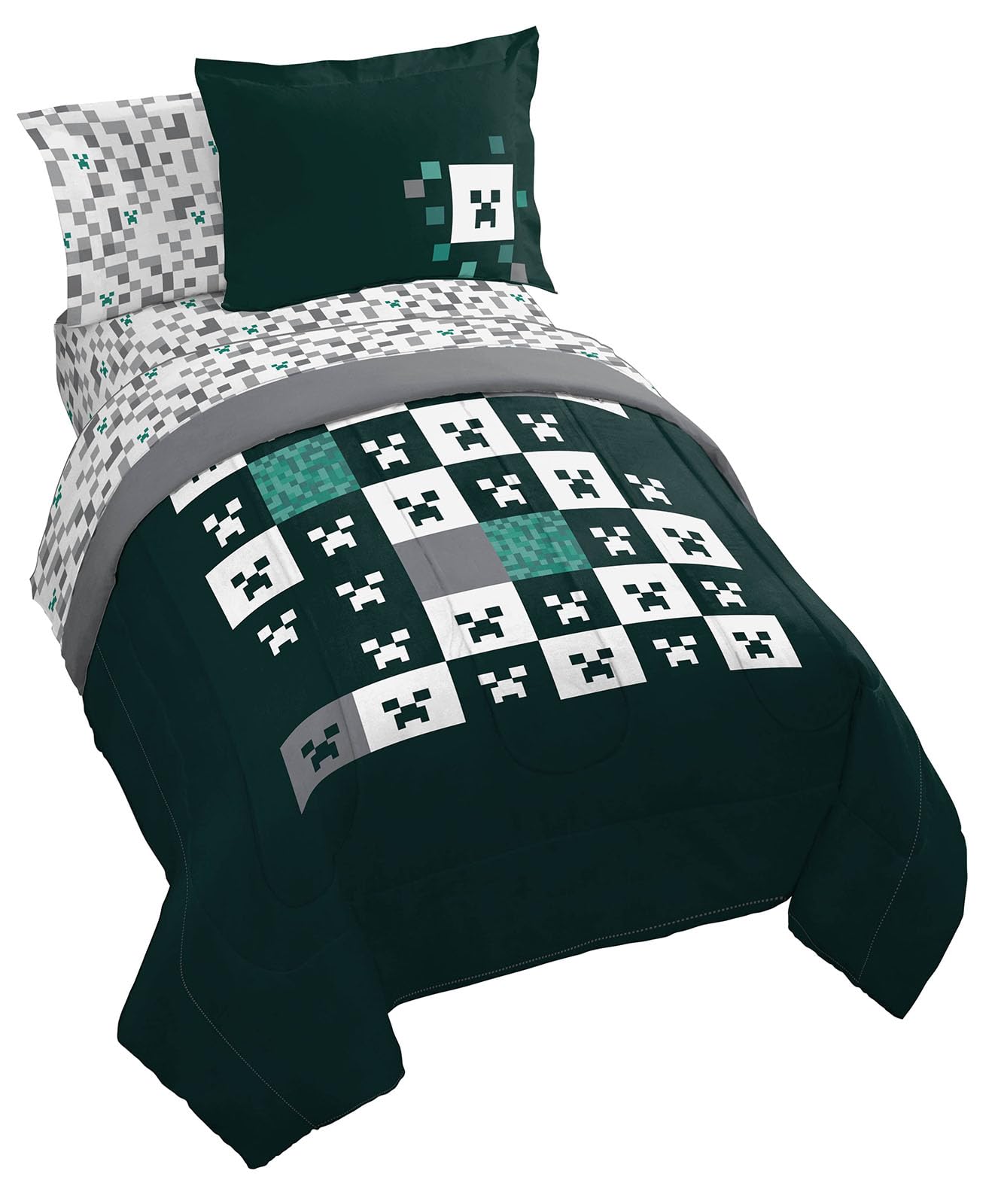 Jay Franco Minecraft Creeper Full Comforter Set - 7 Piece Gamer Bedding Includes Sheet Set & Pillow Covers - Super Soft Checkered Bedding Image