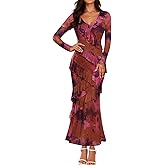 ZESICA Women's Fall Floral Long Sleeve Maxi Dress 2026 Boho Bodycon V Neck Ruffle Wedding Party Long Dresses