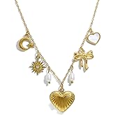 CIOOU Multi Charm Necklace for Women Chunky Gold Plated Paperclip Chain Choker Necklace Heart Sun Moon Star Boho Jewelry