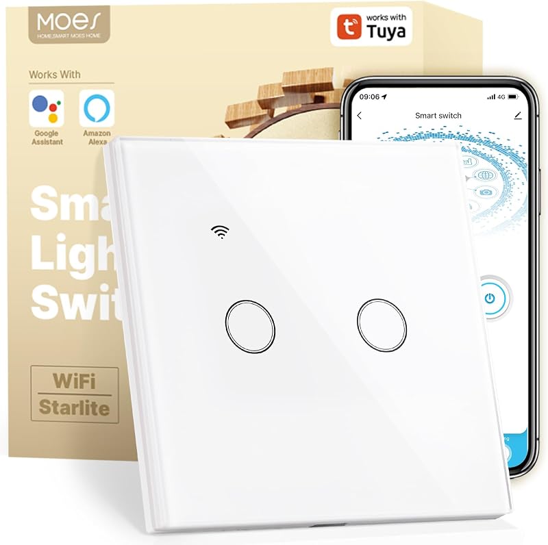 MOES WiFi Smart Wall Switch 2 Gang Touch Multi-Control No Neutral Alexa Google