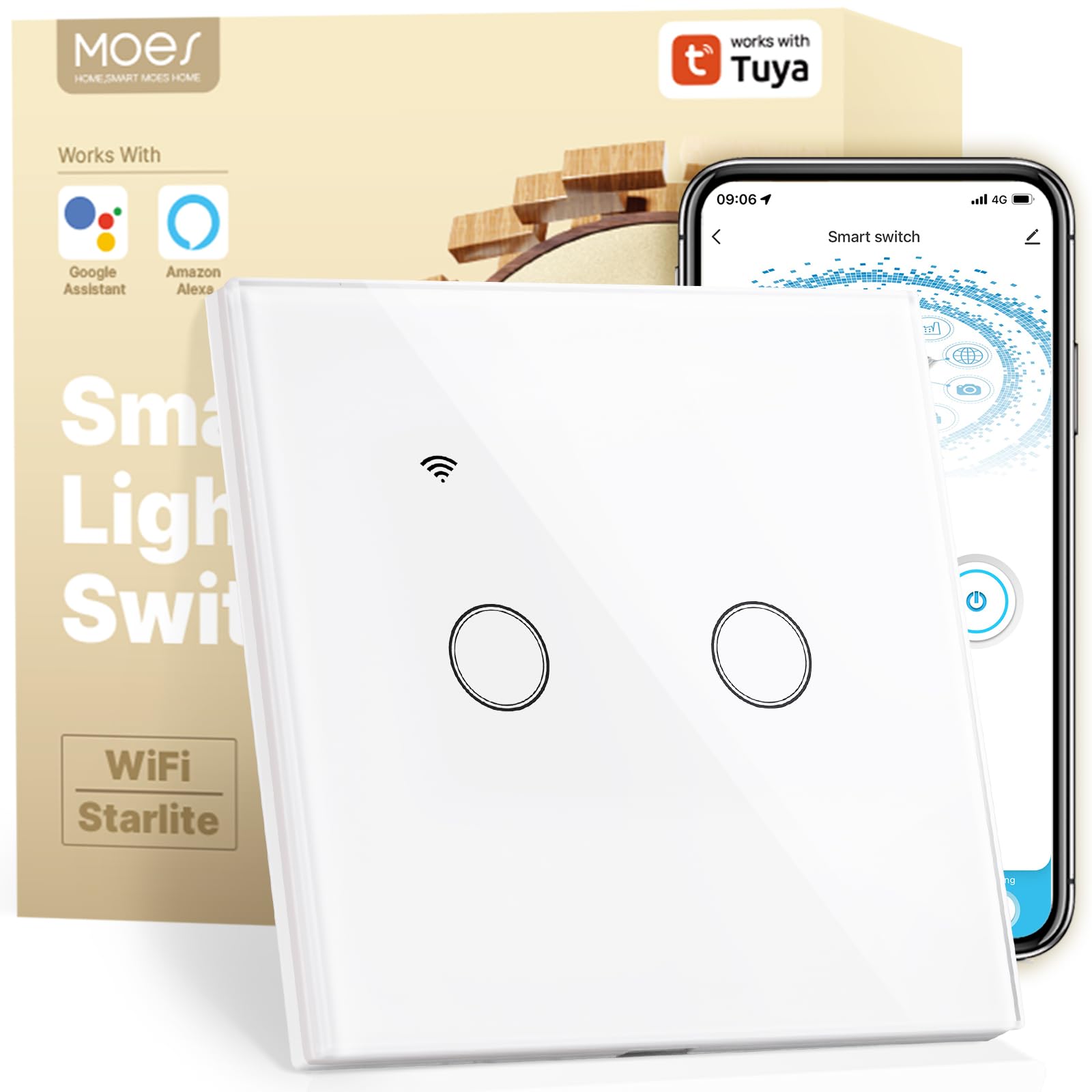MOES WiFi Smart Touch Wall Switch 2 Gang, Multi-Control, Neutral/No Neutral Wire Installation (Capacitor Included), Compatible with Tuya Smart Life App Alexa Google Home