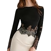 Square Neck Lace Trim Women Top Long Sleeve Slim Fit Patchwork Fairy Y2k Shirt Trendy Going Out Fall Aesthetic Tee