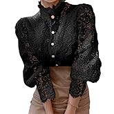 Women’s Elegant Lace Trim Shirts Casual Victorian Blouse Long Sleeve Button Down Tops