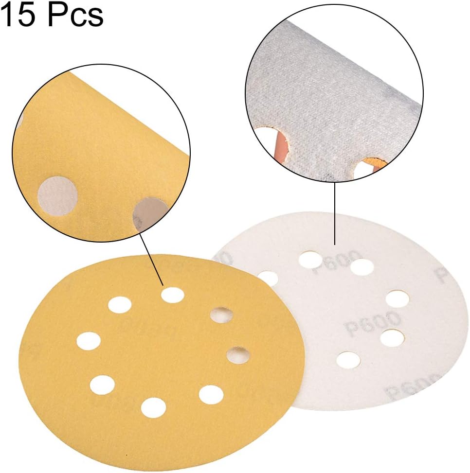 sourcing map 5" 8 Hole Hook and Loop Sanding Discs 600 Grit Aluminum Oxide Sandpaper for Random Orbit Sander Wood Metal Wet and Dry Polishing Gold 15pcs - Image 4