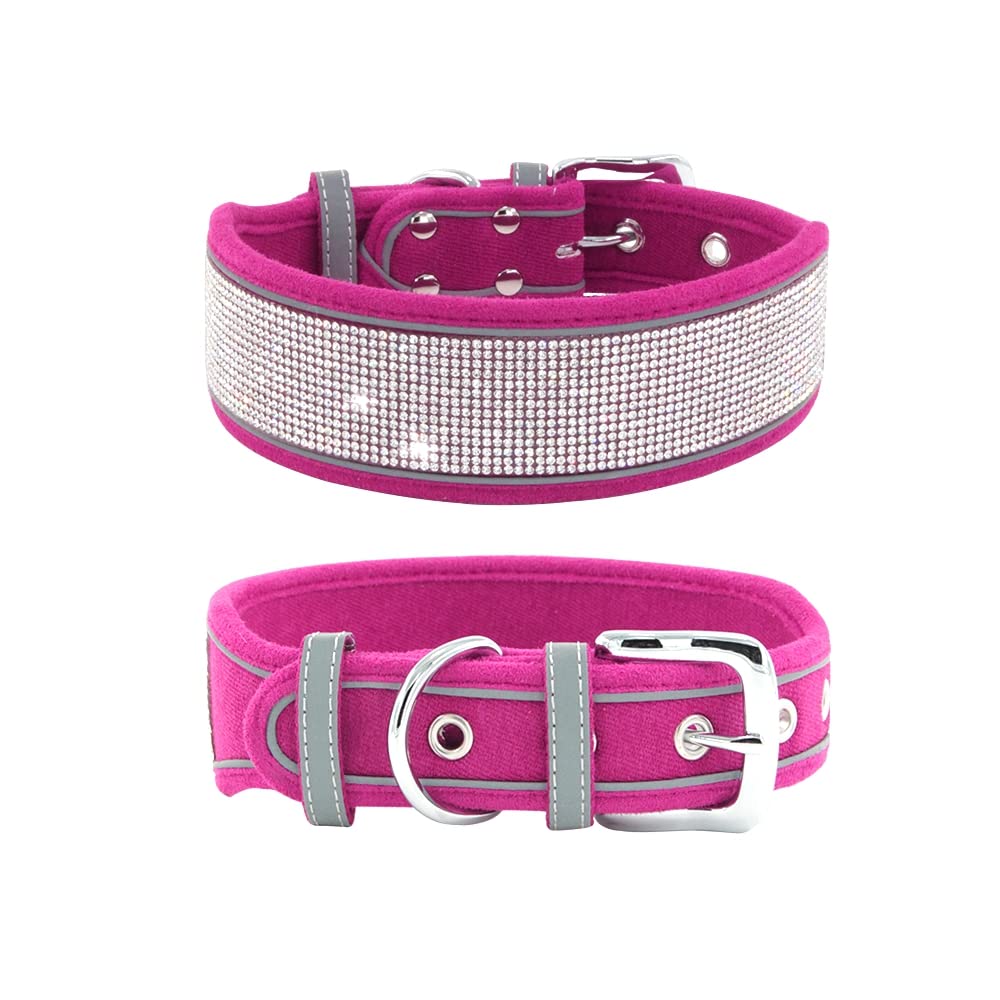 haoyueer Rhinestone Dog Collar, Dazzling Sparkling Soft Suede Reflective Large Dog Collar Crystal Diamond Collar for Medium & Large Dogs (S:12-15", Hot Pink)
