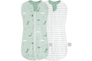 SANDJEST Baby Swaddle 0-2 Months, Cotton Arm-In Zipper Sleep Sack, Wearable Blankets Wrap for Newborn Infant Boys (Dinosaur, Stripe, Pack of 2)