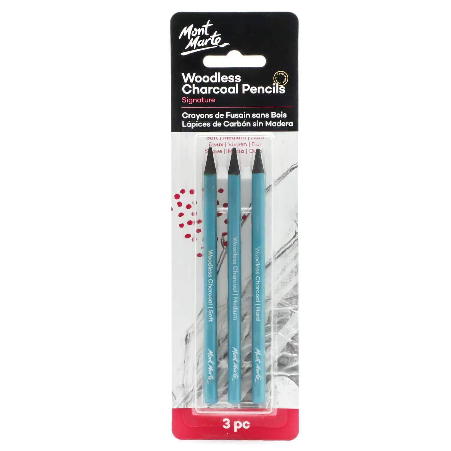 MONT MARTE Charcoal Pencils Set - 3 pieces - Black Charcoal with different degrees of hardness - Ideal Charcoal Pencils for impressive drawings