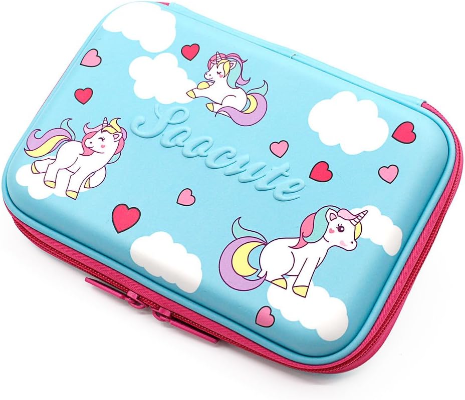 Cute Unicorn Blue Pencil Case School Girls Toddler Hardtop Pencil Pouch