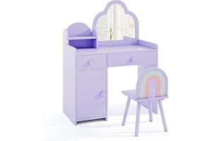HONEY JOY Kids Vanity, Cloud Shape Wooden Girls Vanity Set with Mirror and Stool, Drawers, Storage Cabinet, Toddler Makeup Desk Dressing Table, Pretend Play Kids Vanity Table and Chair Set (Purple)