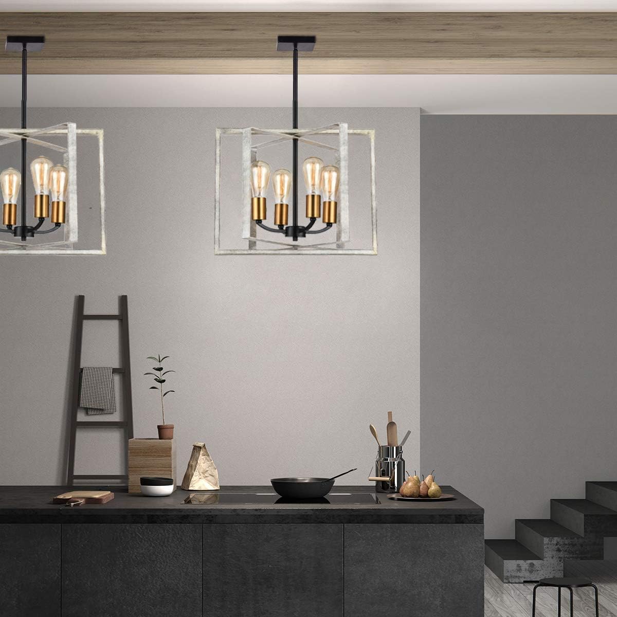 4- Light Pendant Light, SEEBLEN Adjustable Hanging Lights Vintage Foyer Lantern for Kitchen lsland Dining Room Hallway Farmhouse Ceiling Lights(Ash Wood Grain ) - - 
