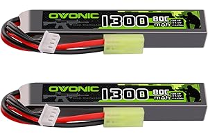 OVONIC 3s Lipo Battery 11.1V 1300mAh 80C with MiniTamiya Plug Lipo Battery for Airsoft Guns(2PCS)