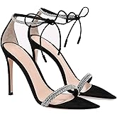 BOEGBNW Women'S Rhinestone Strappy Pointed Open-Toe Stiletto Sandals Sexy Shiny Ankle Strap Comfort High Heel Dress Sandals For Prom, Party, Daily Wear