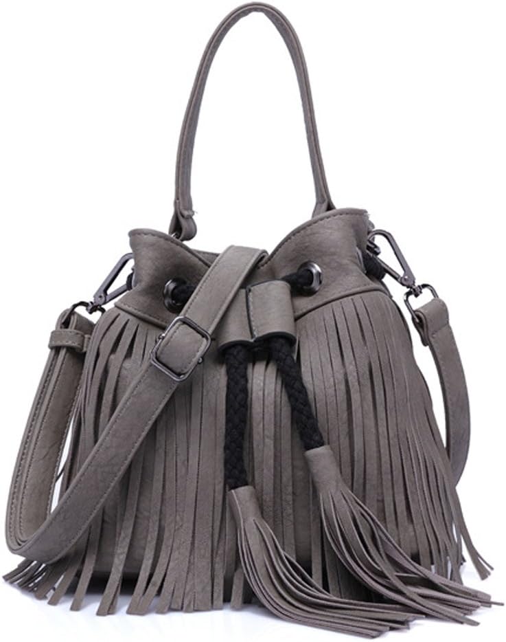 LUI SUI- Women Fringe Tassel Shoulder Bag Leather Drawstring Vintage Handbag Cross-body Bag