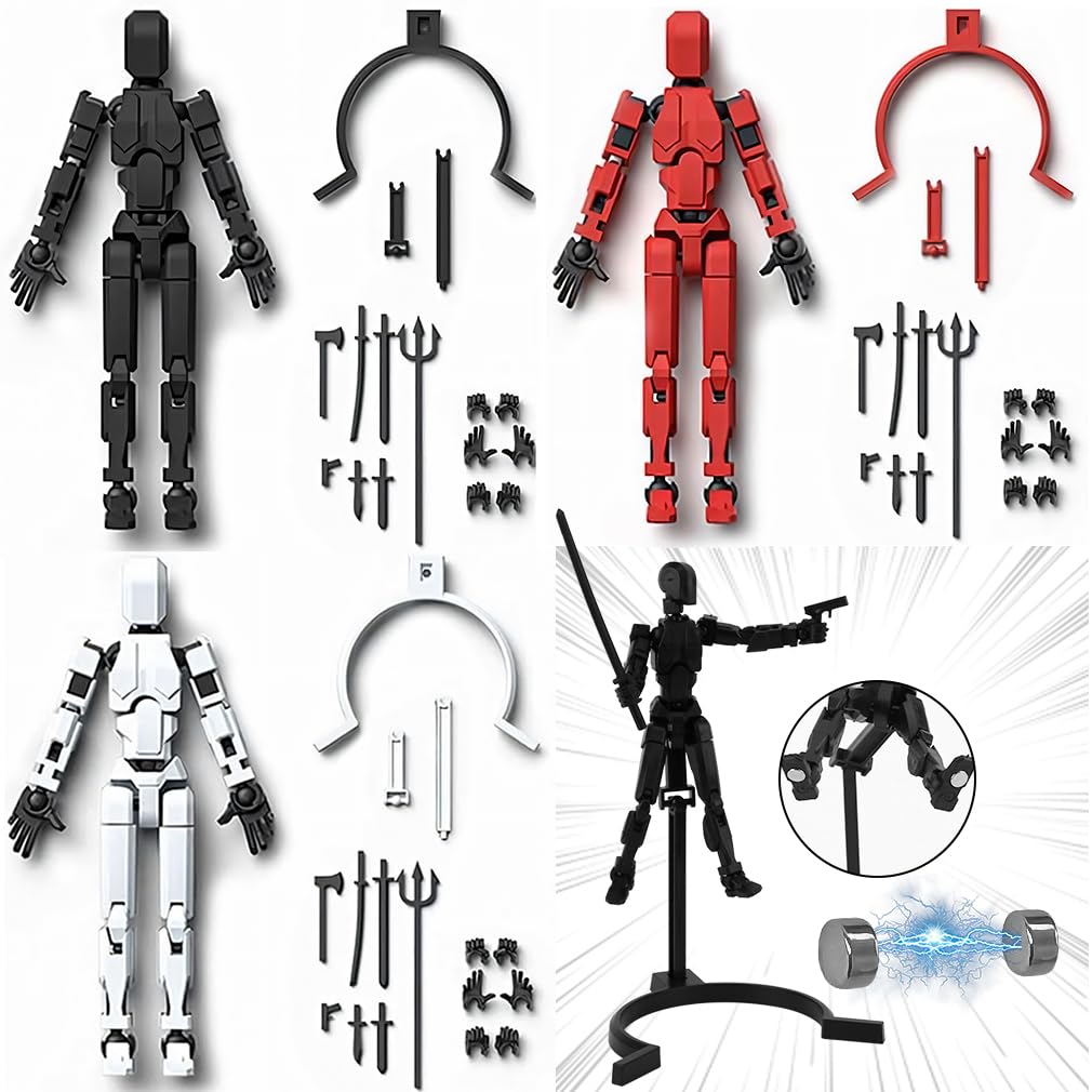 Cartlant 3Pcs Magnetic T13 Action Figures, Dummy Titan T 13 Movable Play Figure Toy 3D Printed Robot 13 Set with Stand, Multi Joints Characters Stop Motion Man Game Toys with 7 Weapons, 3 Hands