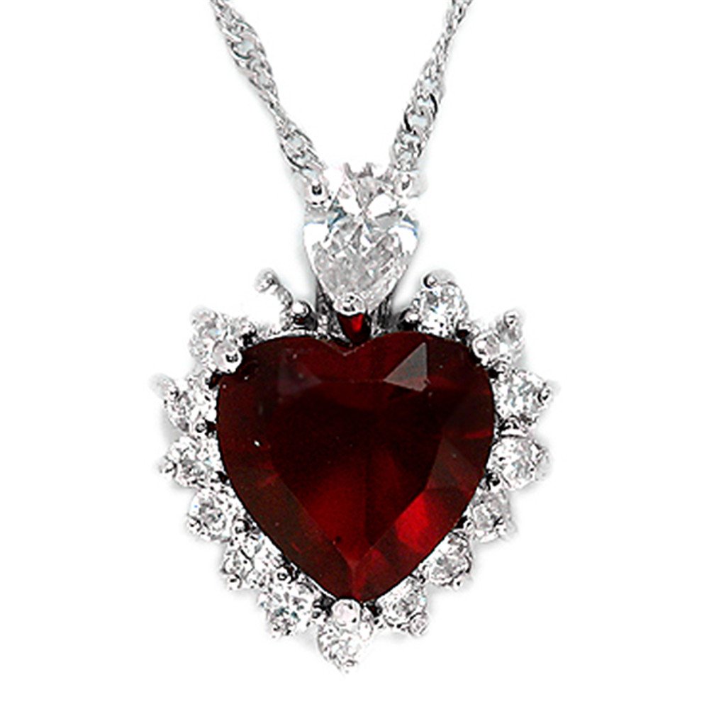 RIZILIA Ocean Heart Pendant with 18" Chain & Heart Cut Gemstones CZ [Red Ruby] in 18K White Gold Plated, Simple Modern Elegance