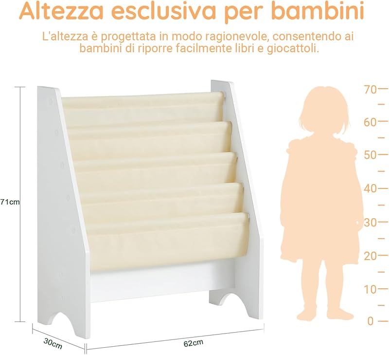 Libreria Montessoriana per Bambini Organizer con 4 Tasche in Tessuto Scaffale Porta Libri e Giochi, Portariviste a Terra Scaffale per Riviste Salvaspazio, Bianco 62x30x71cm FRG225-W