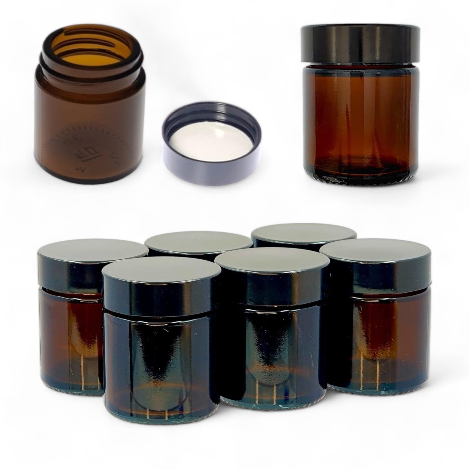 AVALON Pack of 6 x 30ml Amber Glass Ointment Jars with Airtight Black Urea Lids - Ideal for Balms, Creams, Lotions, and More