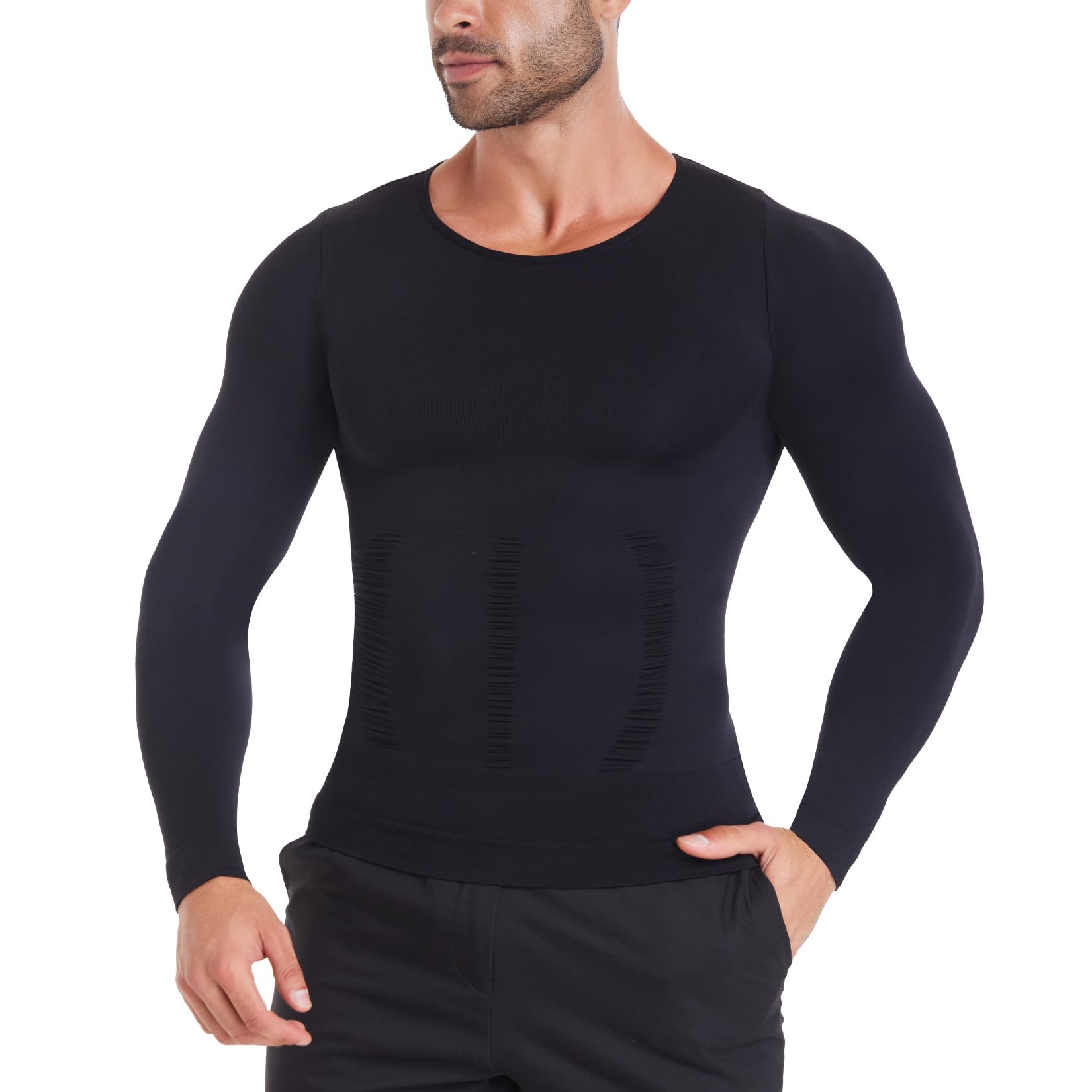 Photo 1 of MISS MOLY Men's Long Sleeve Gynecomastia Compression Shirts Tummy Control Shapewear Slimming Body Shaper Underwear Sculpting Waist Trainer Undershirt Shaping Base Layer Top Black Large