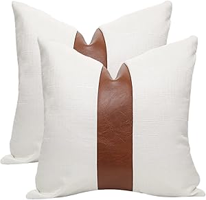 Hckot Set of 2 Thick White Linen Patchwork Faux Leather Throw Pillow Covers for Couch Living Room Bedroom Modern Home Decor Accent Square Cushion Covers 18X18 inch,White