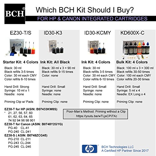 BCH Dye Ink Cartridge Refill Kit for 21 27 56 57 60 61 74 92 94 96 98 901 Cartridges 4-Bottle Combo Black Cyan Magenta Yellow ID30-KCMY - Thumbnail 4