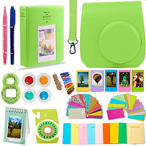 DNO Fujifilm Instax Mini 9 Accessories (11 Piece Kit) - Protective Case, Hanging Frames, Filters & Selfie Lens, Photo Album, Film Decor Stickers & More - Flamingo Pink (Green kit for Fuji)