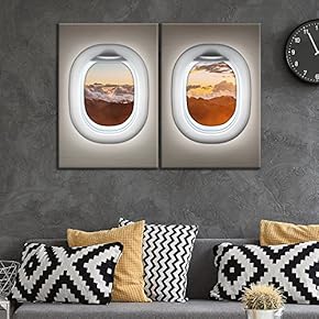 2 Panel Canvas Wall Art - Brown Plane Window Seat Afternoon Sunset Mountain Cloud View - Giclee Print Gallery Wrap Modern Home Art Ready to Hang - 16"x24" x 2 Panels