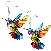Hummingbird Earrings for Women, 925 Sterling Silver Hypoallergenic Dangle Colorful Cute Bird 2D Novelty Drop, Acrylic Gold Plated Animal Dangling Lightweight Valentines Trendy Jewelry