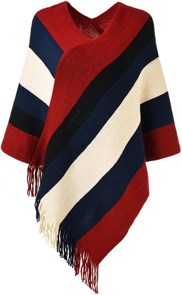 Ferand Women’s Elegant Knitted Poncho Top with Stripe Patterns and Fringed Sides