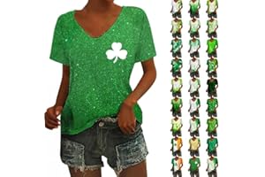 QWENTMTNTY Womens St Patricks Day Shirt V Neck Short Sleeve Sequin Print T-Shirts Casual Festive Irish Flag Shamrock Shirts