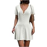 winkbay Women's Button Down Mini Dress Summer V Neck Short Sleeve Knit Going Out Dresses