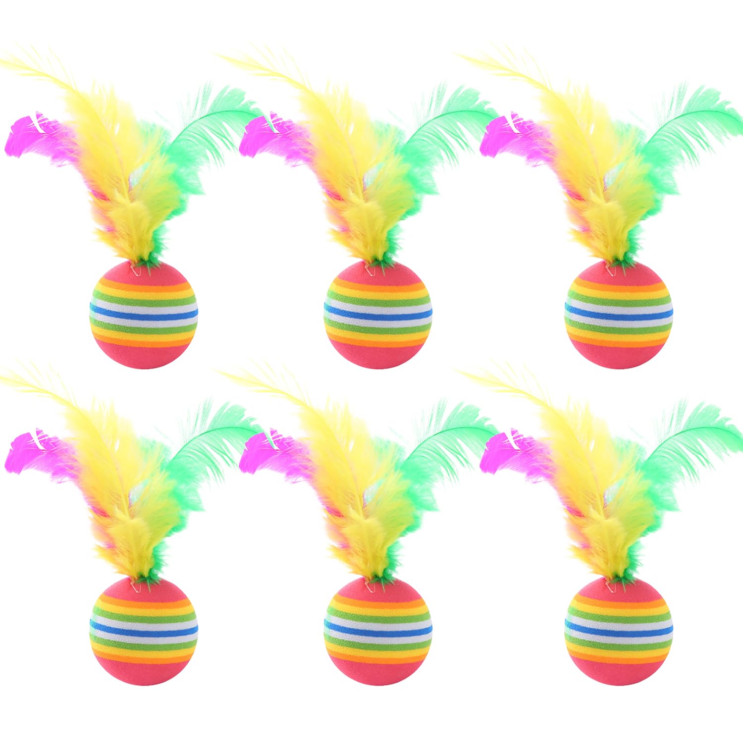 NAUZE 6-Piece Cat Toys Kit with Bouncy Balls, Feathers & Rainbow Colors for Indoor & Outdoor Play