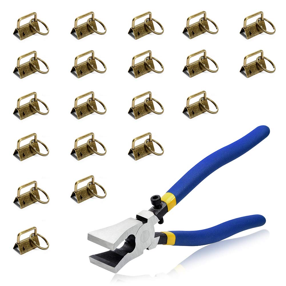 SPEEDWOX 20 Sets Key Chain Fob Hardware Set with Split Rings Key Fob Pliers Glass Breaking Pliers Tools for 1 Inch Webbing Fabric Strapping Wristlet Key Fob Antique Brass