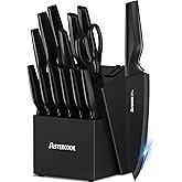 Astercook Knife Set, Kitchen Knife Set with Built-in Sharpener Block, Dishwasher Safe, 15 Pieces German Stainless Steel Knife Block Set, Black