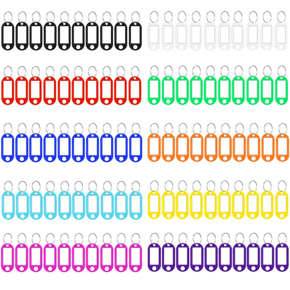 Qikaara 100pcs Colorful Key Tags with Labels, 10 Colors Plastic Key Rings/Fobs, Name ID Labels, Luggage Pet Office Tags