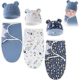 3 Sets Baby Swaddle Sleep Sack with Hat Set, Soft Swaddling Blankets Cute Baby Swaddling Blankets for 0-3 Months