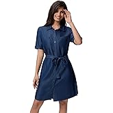 FASHIONSPARK Women's Denim Tie Waist Dress Button Down Short Sleeve Dresses Solid Casual Jean Pocket Dresses