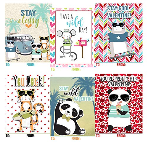 Cool Dude Skateboard Animal Themed Valentine Day Classroom Sharing Cards (Set of 24)