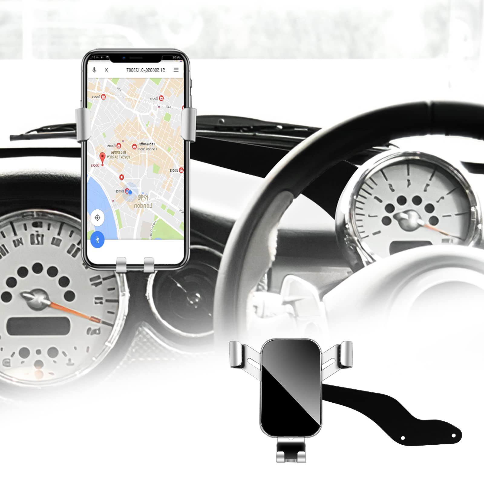 KUNGKIC RHD Car Mobile Phone Holder Trim Adjustable Alumium Alloy Phone Holder Mount For BMW Mini Cooper R50 R52 R53 Accessory Interior Trim 360° Rotation, Silver