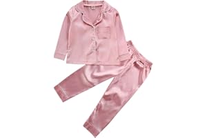 QIYLII Toddler Baby Kids Satin Pajamas Set, Long Sleeve Button-Down Sleepwear PJs for Girls