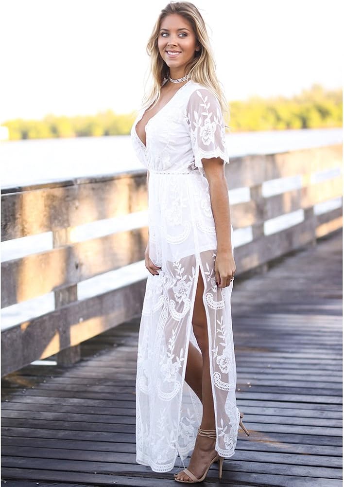 Eleter Women's Deep V-Neck Lace Romper Short Sleeve Long Dress at  Women’s Clothing store