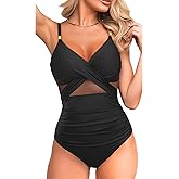 Tempt Me Women One Piece Swimsuits Tummy Control Bathing Suits Cutout Mesh Front Cross Swimwear