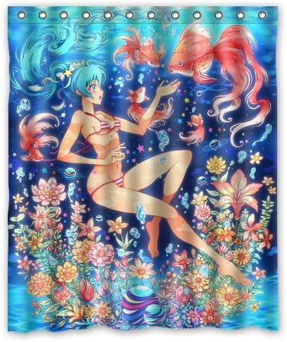 Japanese Anime Sexy Music Girl Hatsune Miku Undersea World Goldfish Custom Design Shower Curtain Personalized Bath Curtain 60 * 72 Inch
