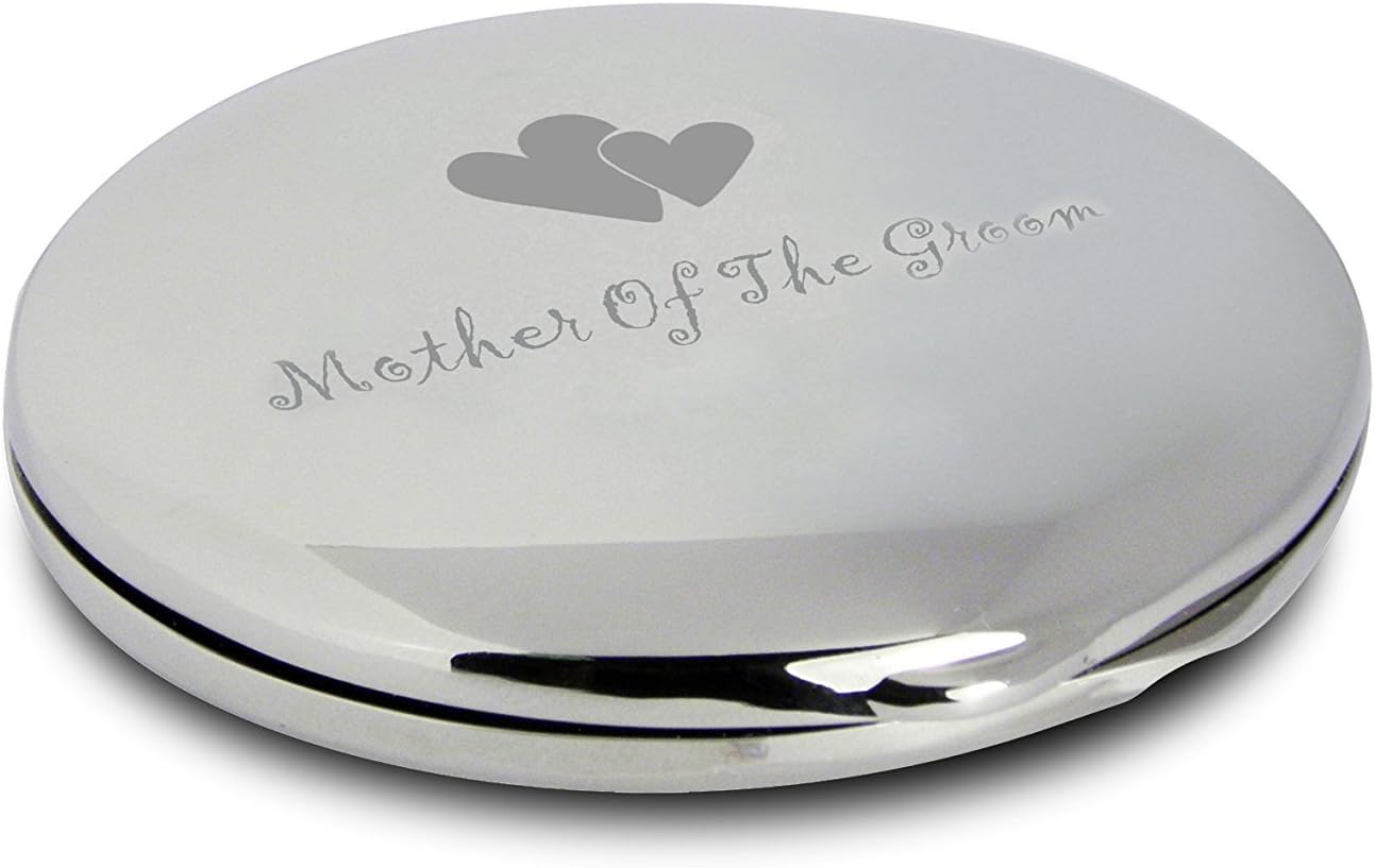 Pretty Silver Finish Engraved Round Compact Mirror for Mother of the Groom with Hearts Motif Great Gifts Idea for Wedding Parents