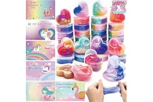 DINESIL 28 Packs Valentines Day Galaxy Slime Hearts, Valentine Slime with Unicorn Gift Cards for Kids Classroom Exchange, School Prizes, Valentines Party Favor Supplies