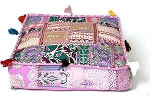 CRAFT KALA Indian Square Patchwork Traditional Pouf Cover Indian Living Room Poufs Decorative Embroidered Designer Ottoman Home Living Footstool Chair Cover Decor Pillow Cover 22x22x5 inches Baby Pink