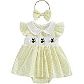 VILAGRAH Baby Girl Summer Outfit Bee Embriodery Smocked Romper Dress Ruffle Fly Sleeve Doll Collar Plaid Dress with Headband