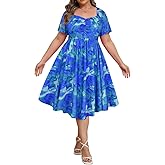 RITERA Plus Size Dresses for Curvy Women Boho Summer Midi Dress Sweetheart Neck Short Sleeve Dresses Empire Waist with Pocket
